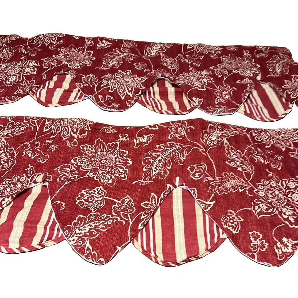 2 VTG Floral Window Valance Red White Stripe Double Layer Scalloped 52
